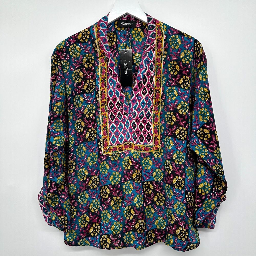 Tolani 100% Silk Top Shirt Blouse Size Large Anyra Pink Ikat Long Sleeve New
